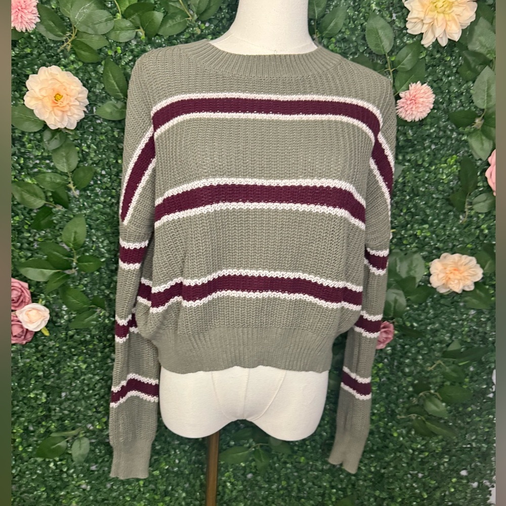 Olive and Burgundy Striped Sweater